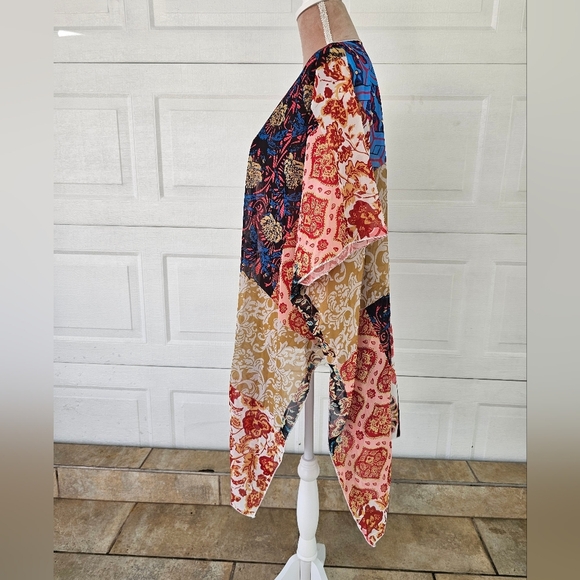 Boho Patchwork Kimono Open Front Colorful Lightweight Sheer Duster One Size - Picture 3 of 8